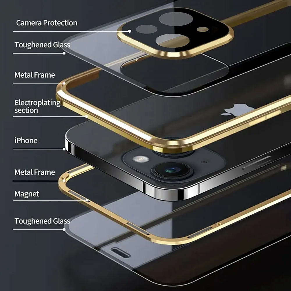 Obudowa do iPhone 15 Plus podwójna szyba i aluminium 360° przód + tył magnetyczna, z osłoną aparatu, złota