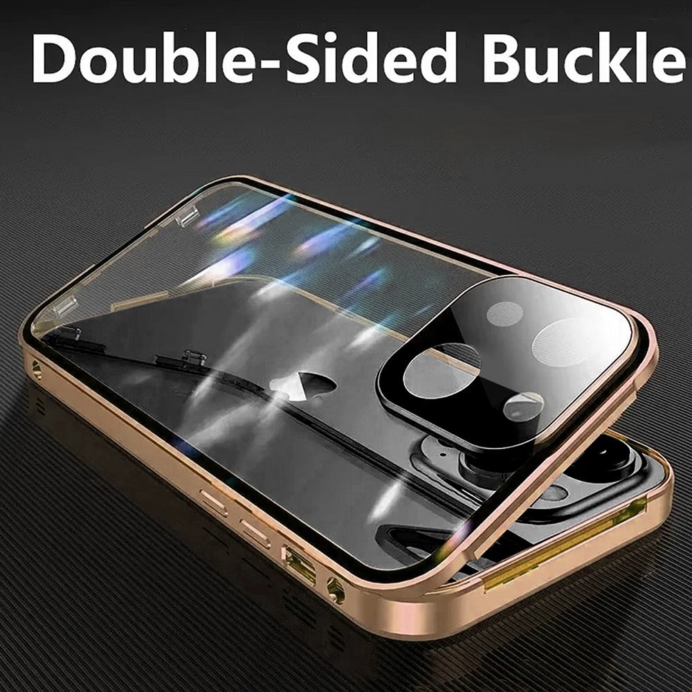 Obudowa do iPhone 14 podwójna szyba i aluminium 360° przód + tył magnetyczna, z osłoną aparatu, złota