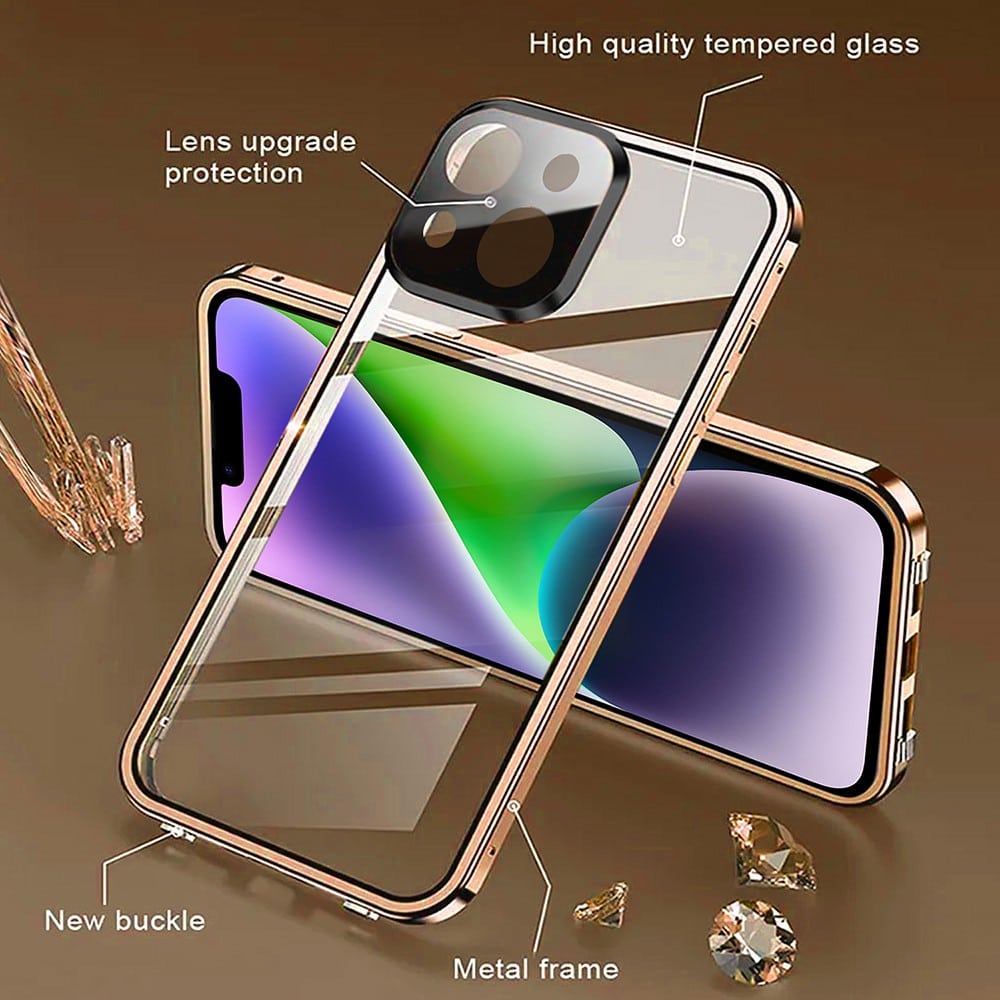 Obudowa do iPhone 14 podwójna szyba i aluminium 360° przód + tył magnetyczna, z osłoną aparatu, złota