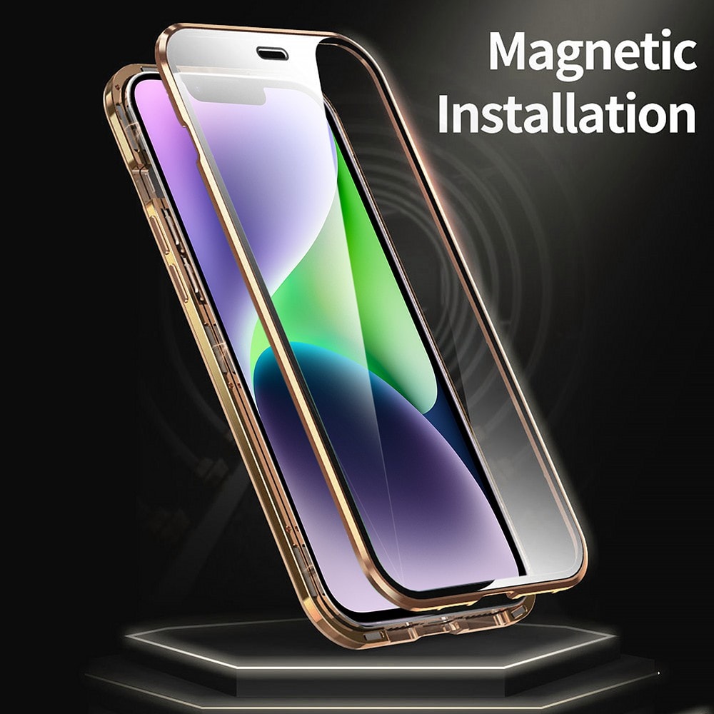 Obudowa do iPhone 14 podwójna szyba i aluminium 360° przód + tył magnetyczna, z osłoną aparatu, złota
