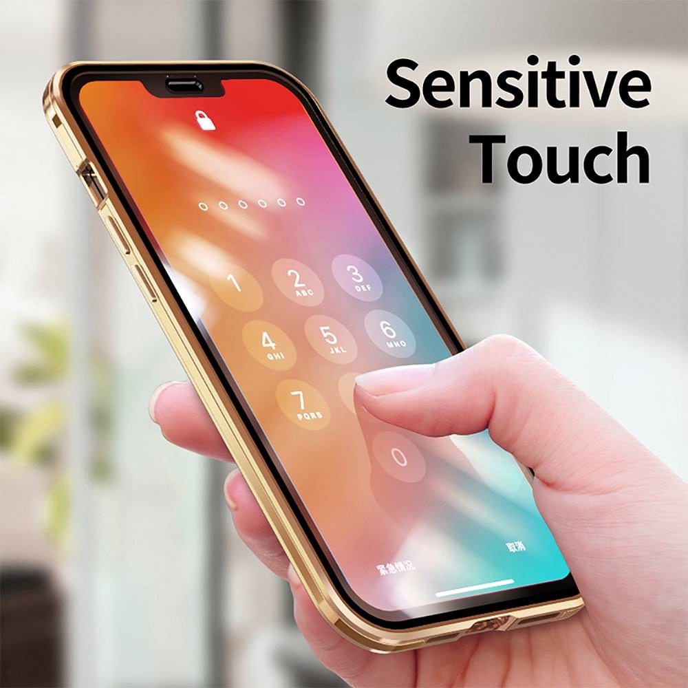 Obudowa do iPhone 14 podwójna szyba i aluminium 360° przód + tył magnetyczna, z osłoną aparatu, złota