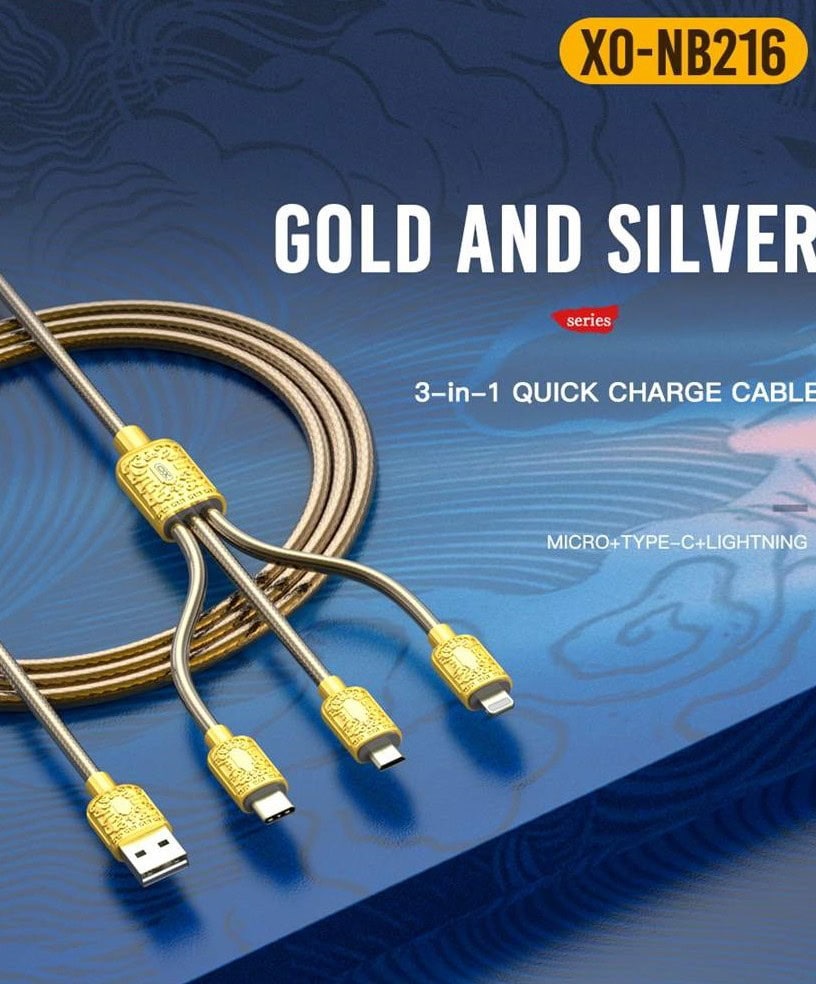 Kabel 3w1 USB – na micro USB, Lightning, USB Typ C, 1.2 metra, złoty