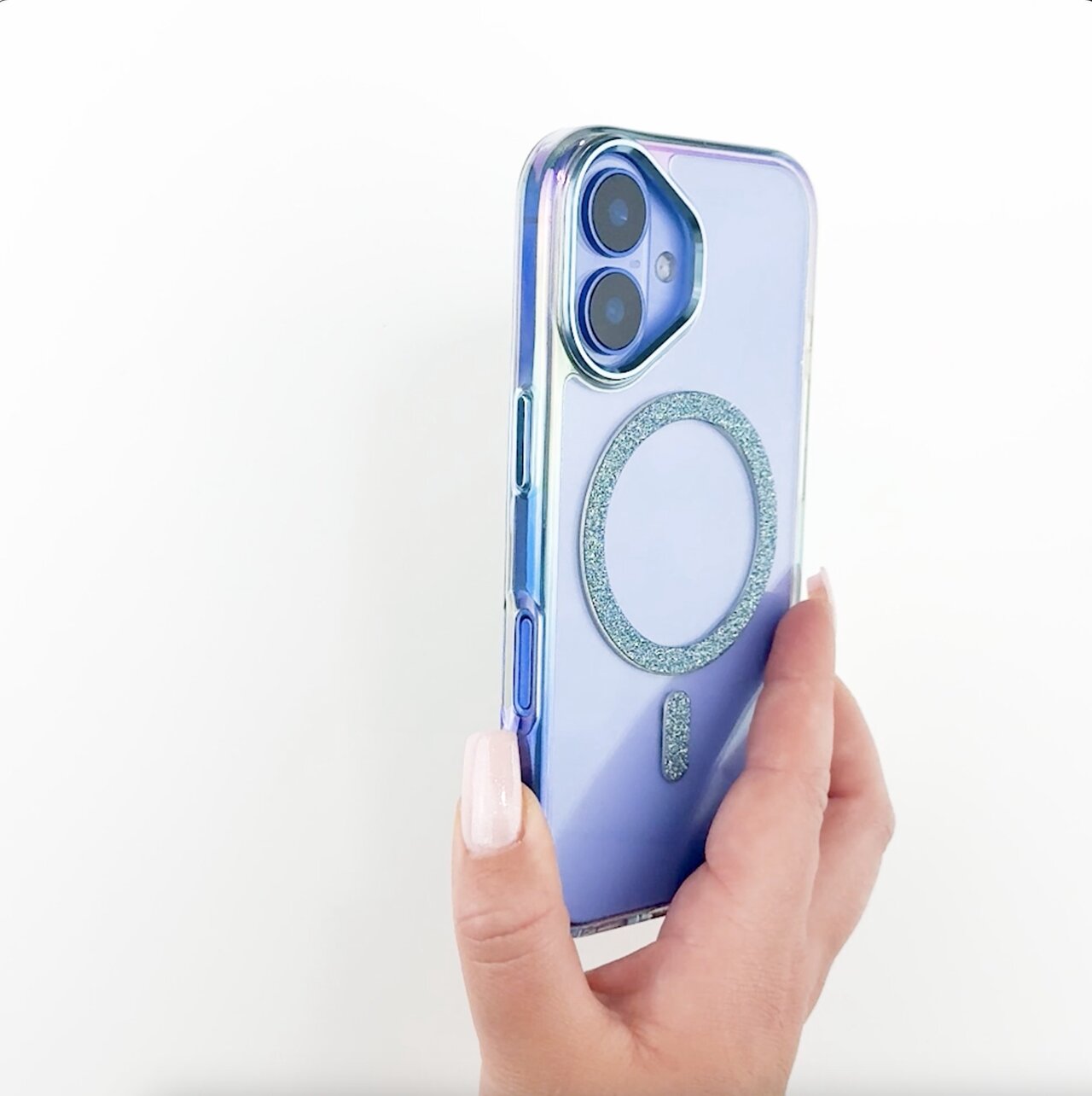 Etui do iPhone 15 Glitter Crown, opalizujące, przeźroczyste z brokatowym MagSafe, niebieskie