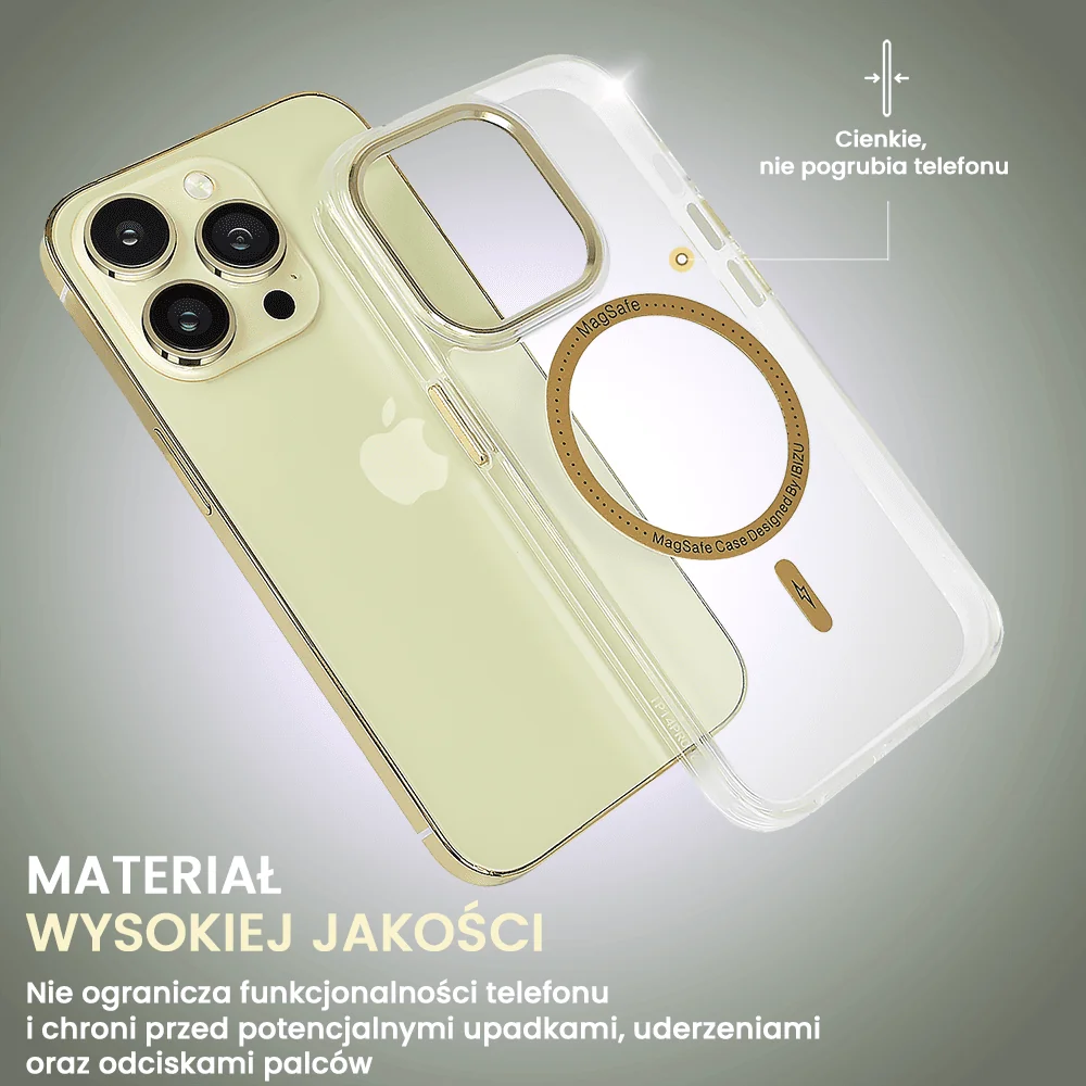 Etui do iPhone 14 Pro Ibizu Premium Slim MagSafe cienkie, przeźroczyste, złote