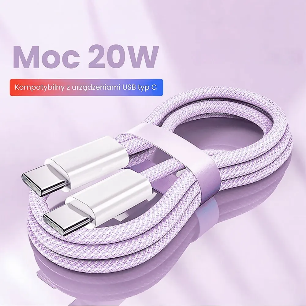 Kabel 2xUSB Typ C do iPhone 15/16, tableta, laptopa, PD 60W, transmisja danych, 1 metr, lawendowy