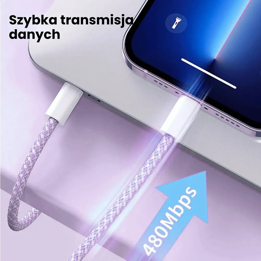 Kabel 2xUSB Typ C do iPhone 15/16, tableta, laptopa, PD 60W, transmisja danych, 1 metr, lawendowy
