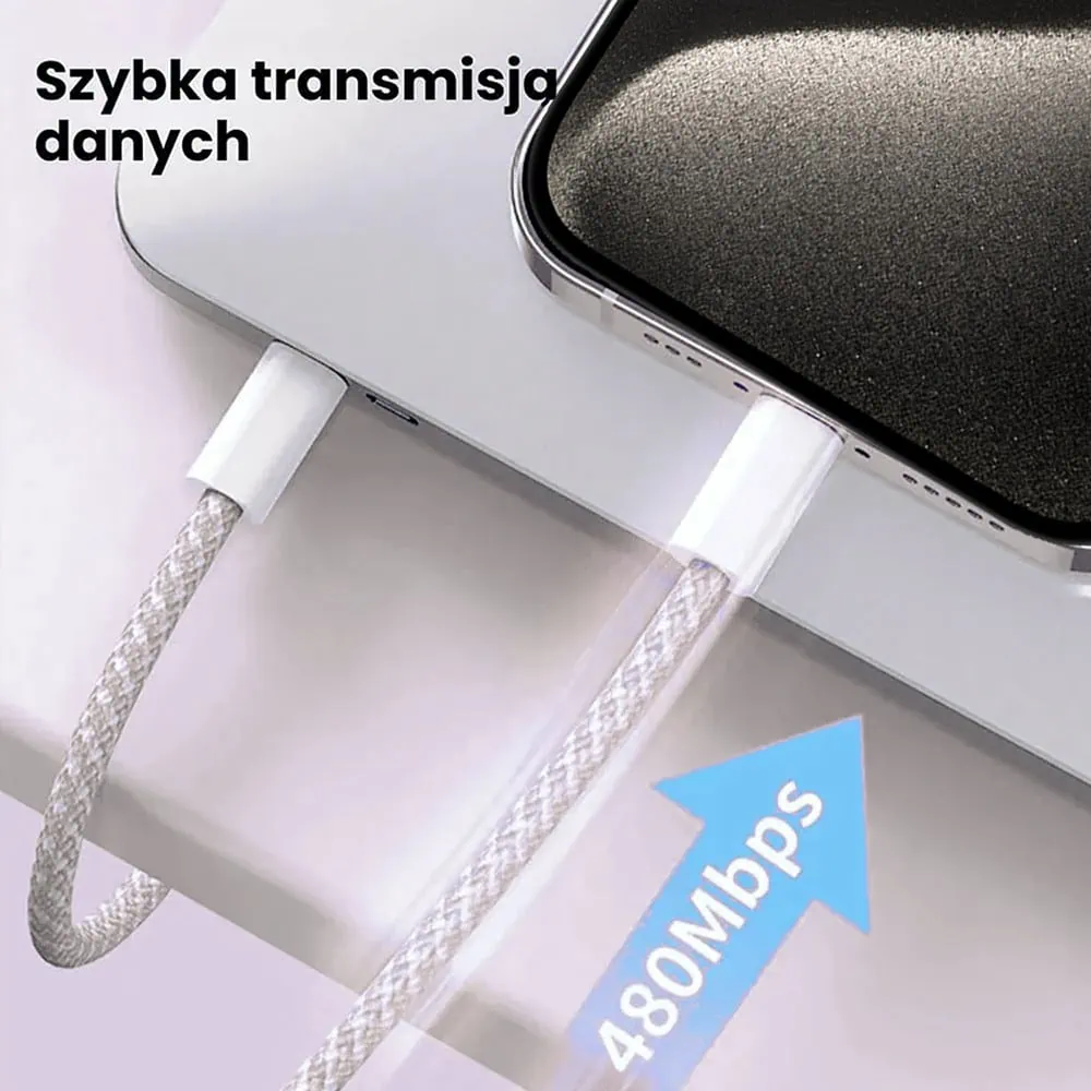 Kabel 2xUSB Typ C do iPhone 15/16, tableta, laptopa, transmisja danych, 1 metr, tytanowy