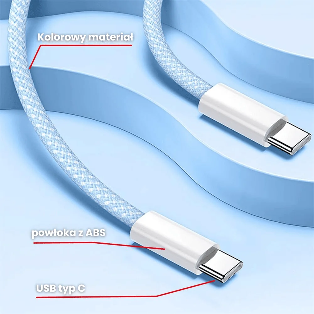 Kabel 2xUSB Typ C do iPhone 15/16, tableta, laptopa, PD 60W, szybkie ładowanie, 1 metr, niebieski