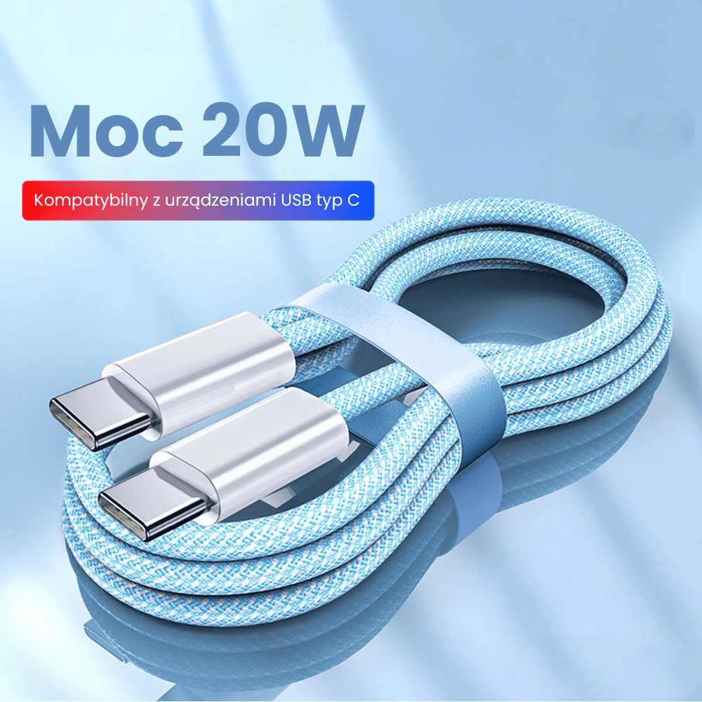 Kabel 2xUSB Typ C do iPhone 15/16, tableta, laptopa, PD 20W, transmisja danych, 1 metr, niebieski