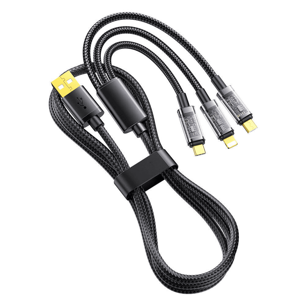 Kabel 3w1 USB – na micro USB, Lightning, USB Typ C, 1.2 metra, czarny