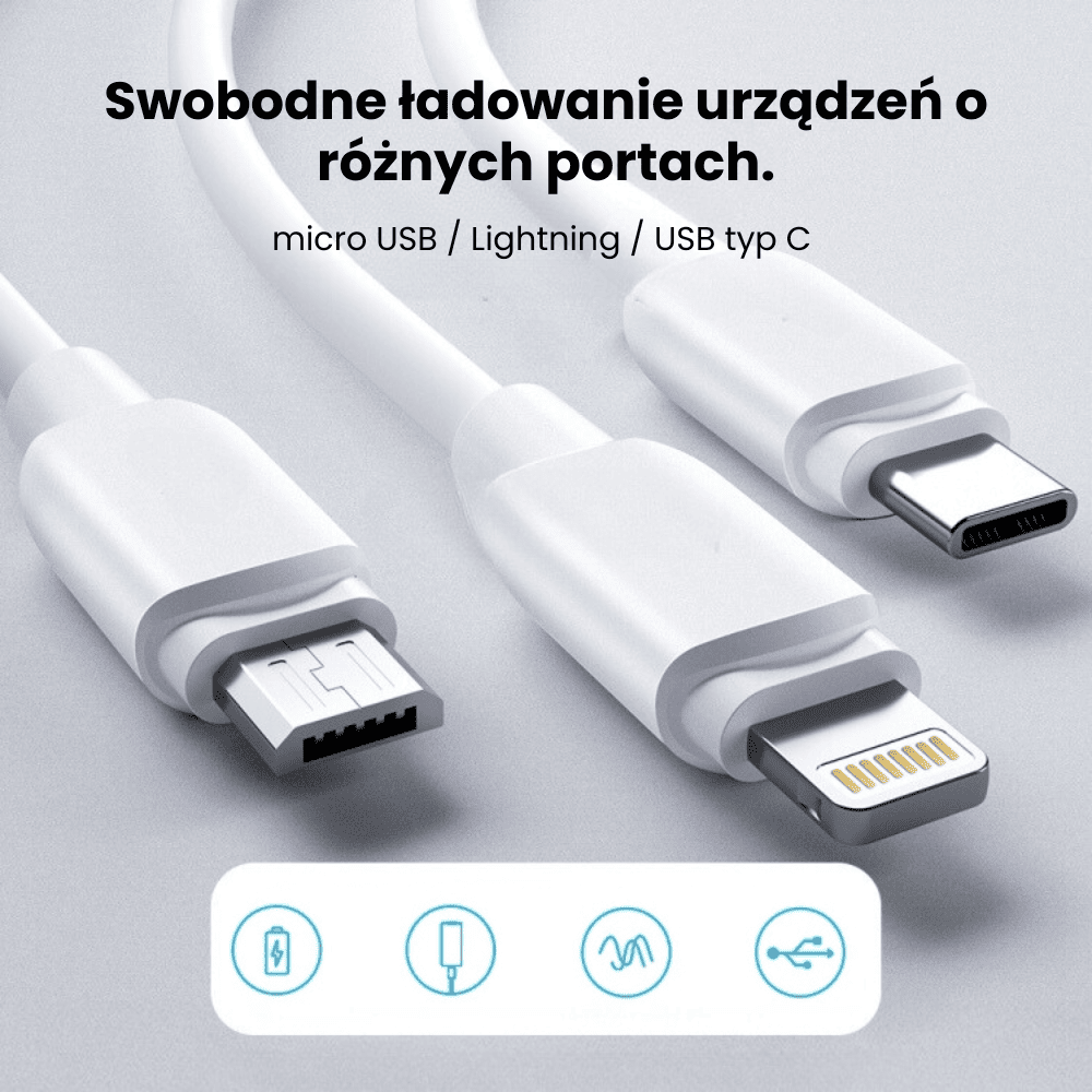 Kabel 3w1 USB – na micro USB, Lightning, USB Typ C, 1 metr, biały