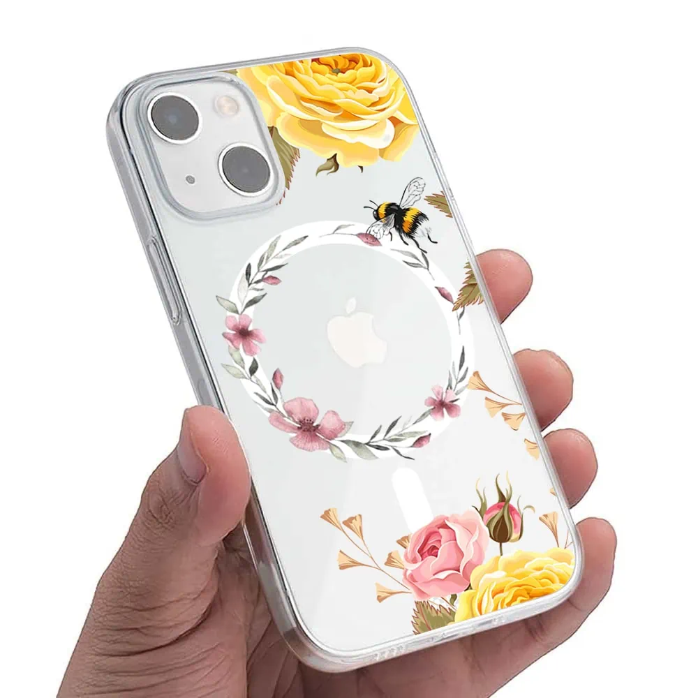 Etui do iPhone 14 Plus, kolorowe kwiaty i pszczoła etui z Magsafe