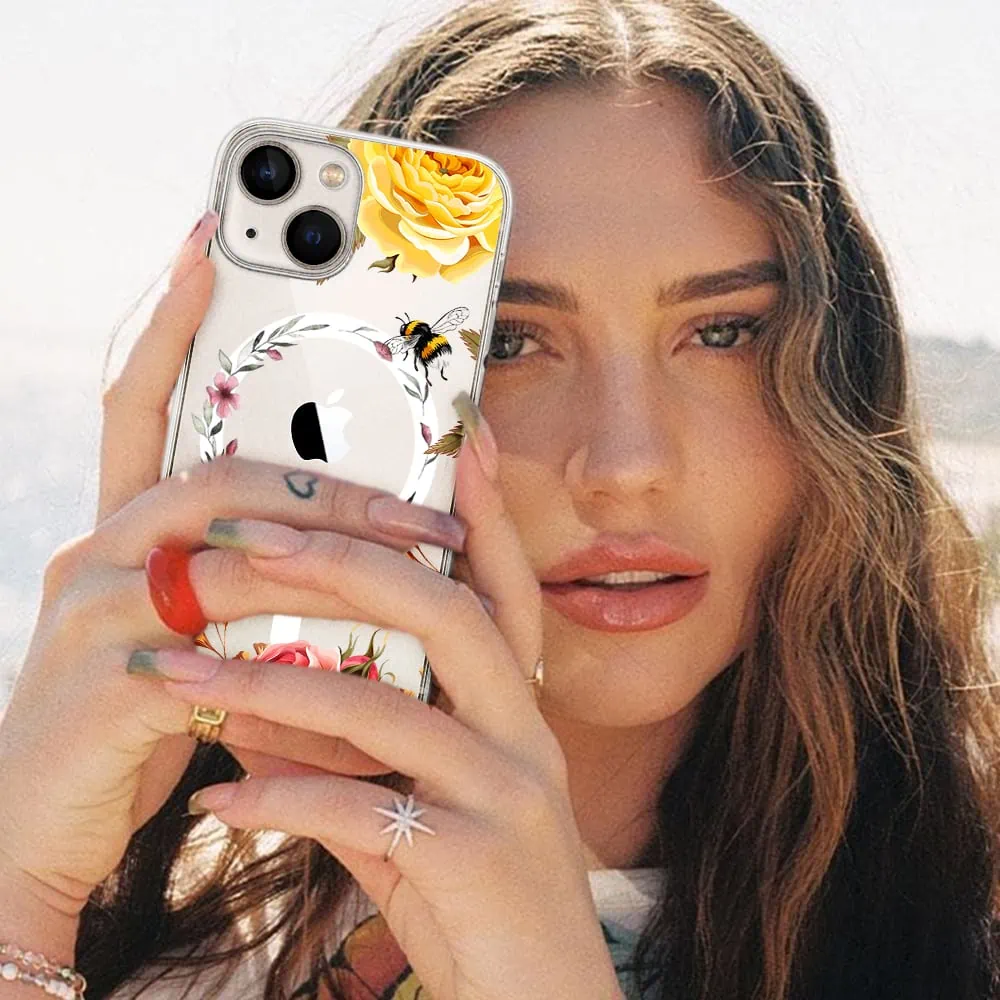 Etui do iPhone 14 Plus, kolorowe kwiaty i pszczoła etui z Magsafe