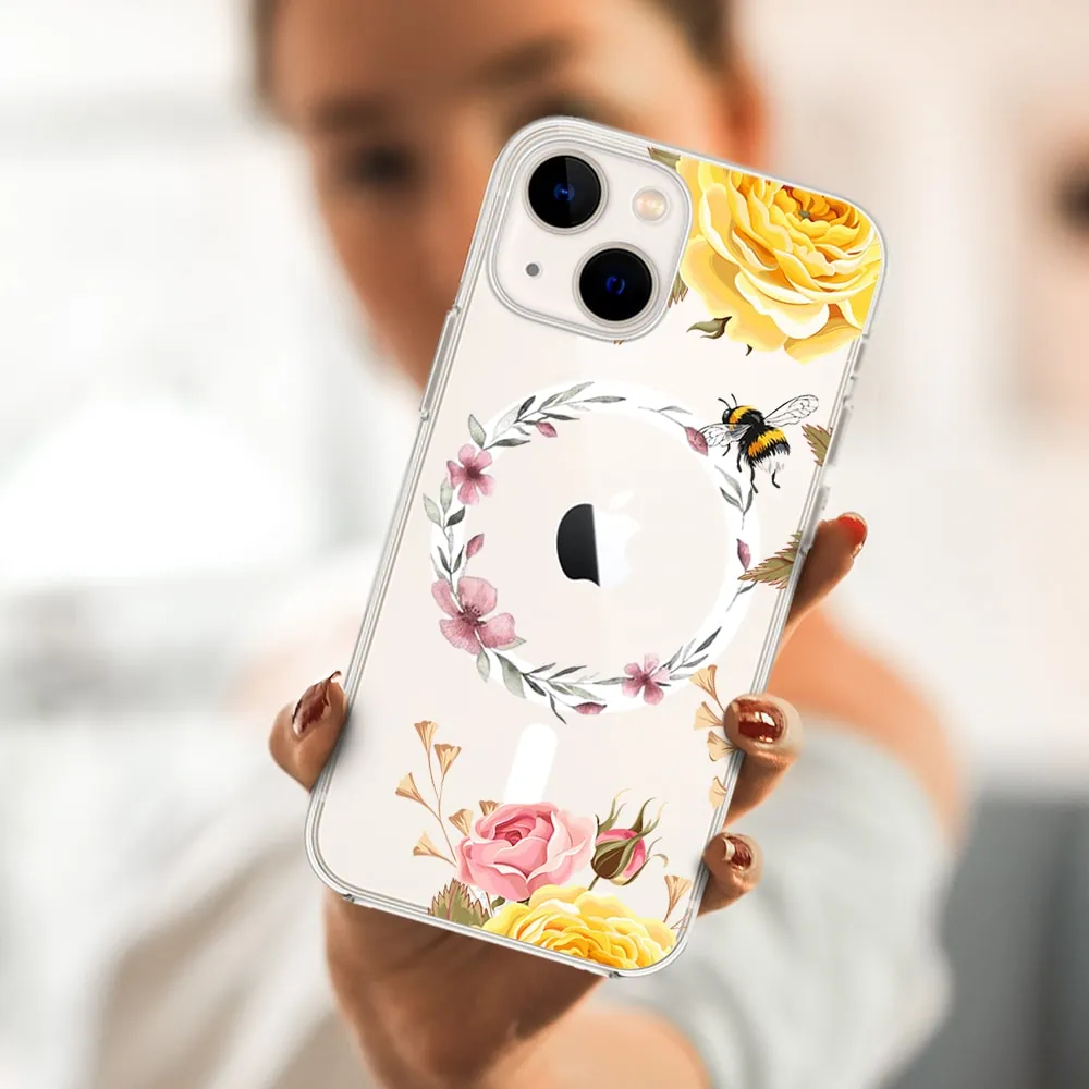 Etui do iPhone 14 Plus, kolorowe kwiaty i pszczoła etui z Magsafe