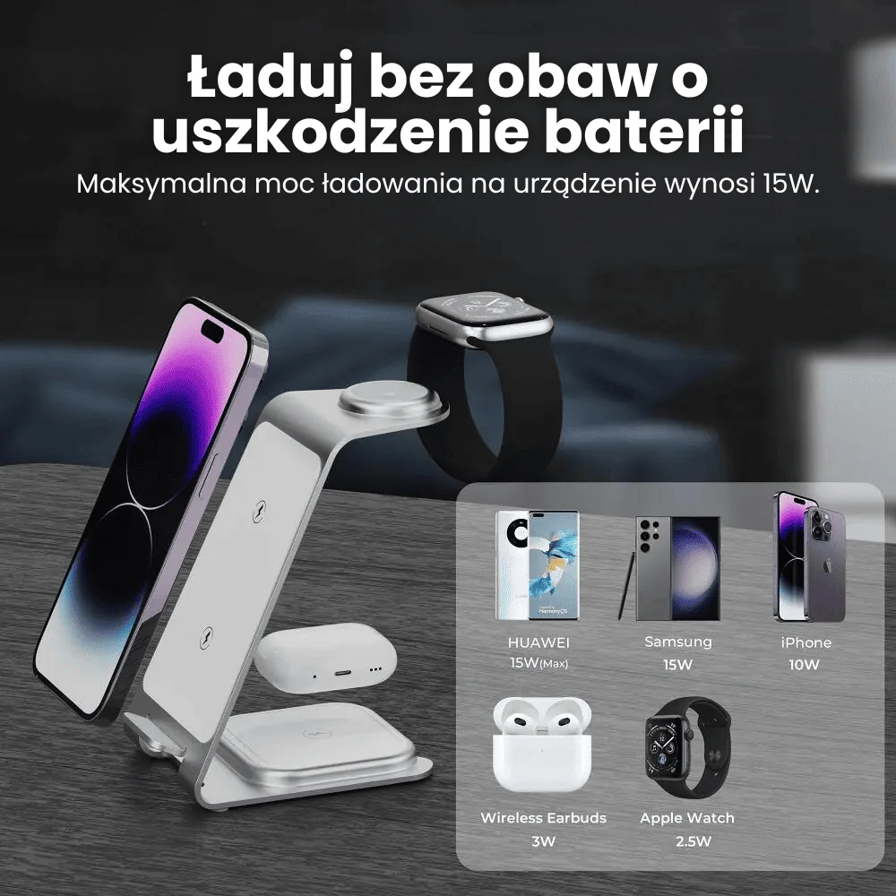 Ładowarka 3w1 iPhone, Apple Watch, Airpods , szybka, elegancka, metalowa
