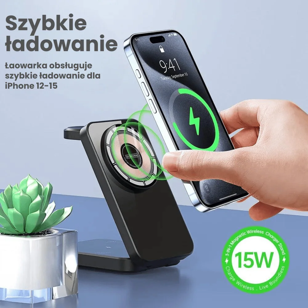 Ładowarka 3w1 z Magsafe, do iPhone/Apple Watch/Air Pods, składana, 15W, miedziana, czarna