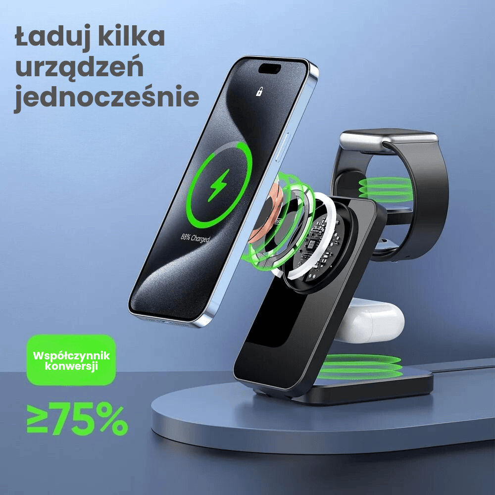 Ładowarka 3w1 z Magsafe, do iPhone/Apple Watch/Air Pods, składana, 15W, miedziana, czarna