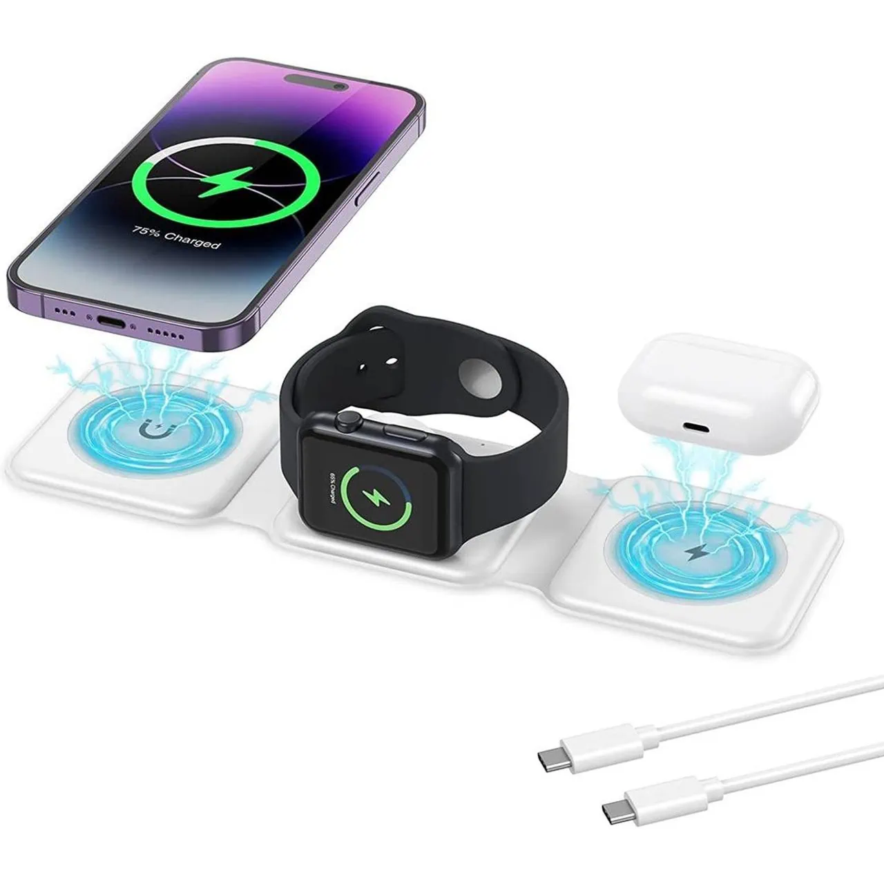 Ładowarka bezprzewodowa indukcyjna 3w1 MagSafe iPhone, Apple Watch, AirPods, składana, biała