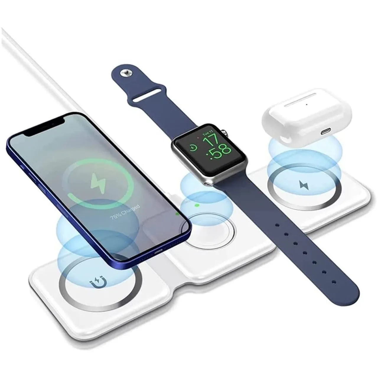 Ładowarka bezprzewodowa indukcyjna 3w1 MagSafe iPhone, Apple Watch, AirPods, składana, biała
