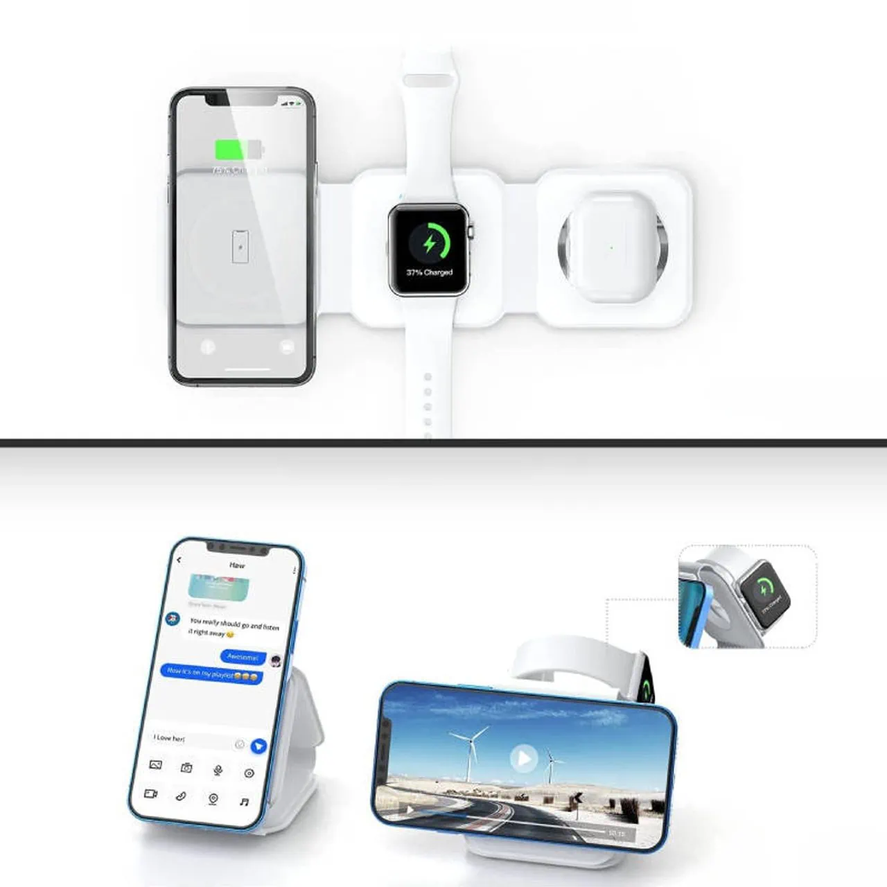 Ładowarka bezprzewodowa indukcyjna 3w1 MagSafe iPhone, Apple Watch, AirPods, składana, biała
