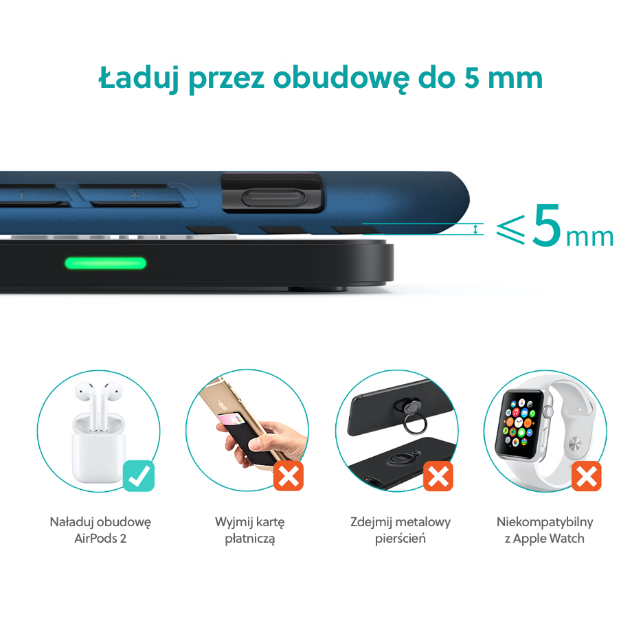 Ładowarka indukcyjna antypoślizgowa do iPhone 16/15/14/13/12 (Mini/Plus/Pro/Pro Max) Qi 10W, czarna