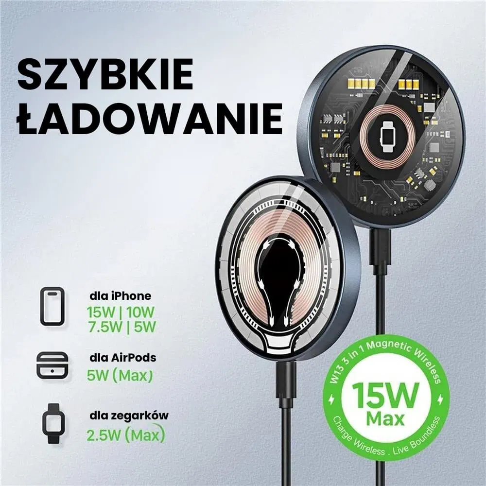 Ładowarka magnetyczna do MagSafe iPhone 16/15/14/13/12 (Mini/Plus/Pro/Pro Max), AirPods i Apple Watch, Qi 15W, metalowa, miedziana