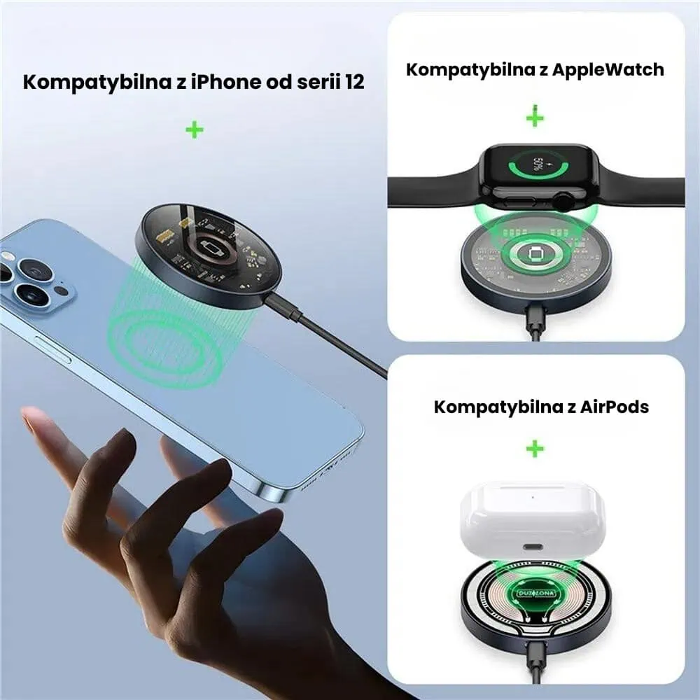 Ładowarka magnetyczna do MagSafe iPhone 16/15/14/13/12 (Mini/Plus/Pro/Pro Max), AirPods i Apple Watch, Qi 15W, metalowa, miedziana