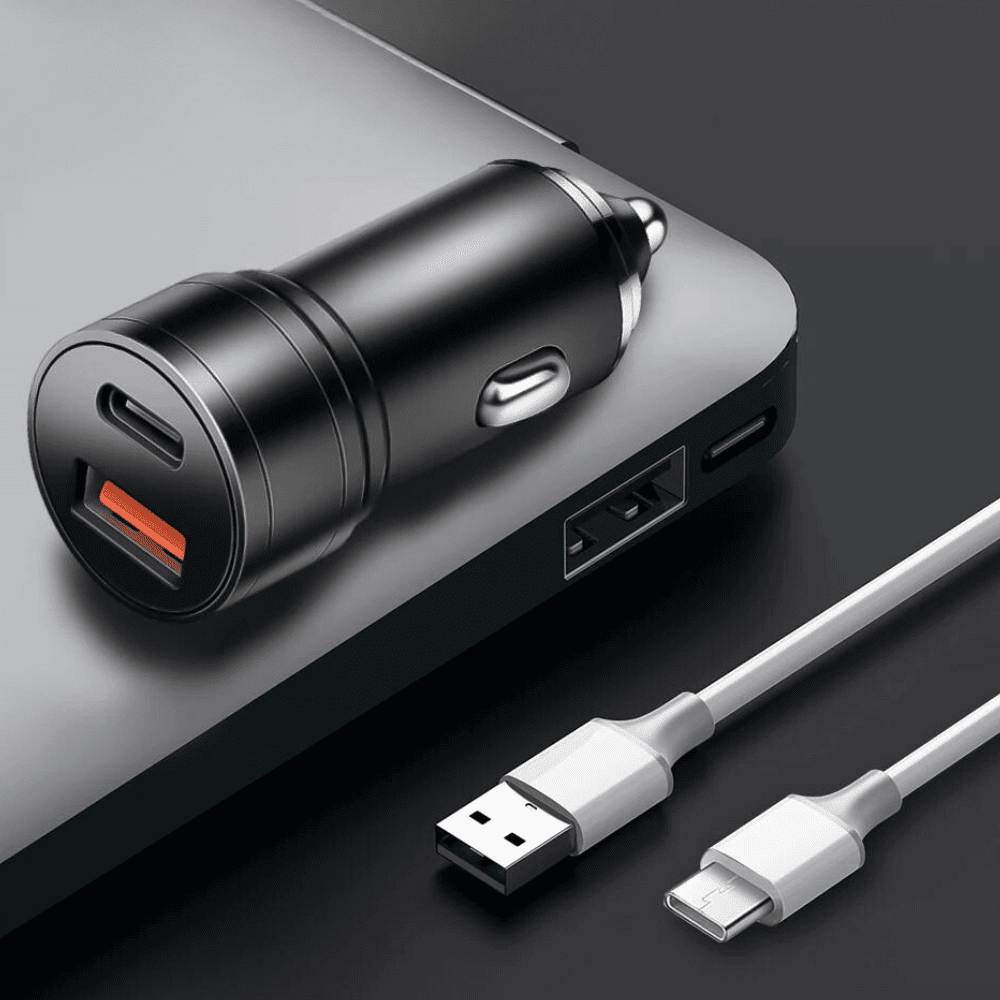 Ładowarka samochodowa 30W USB + USB Typ C, czarna