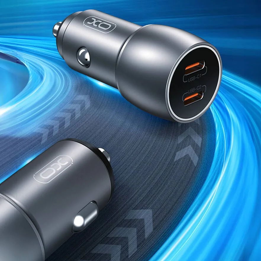 Ładowarka samochodowa 40W USB Typ C + USB Typ C, srebrna