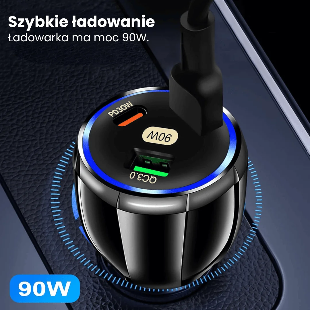 Ładowarka samochodowa trzy porty: 2x usb typ c + usb 90w, qc, czarna