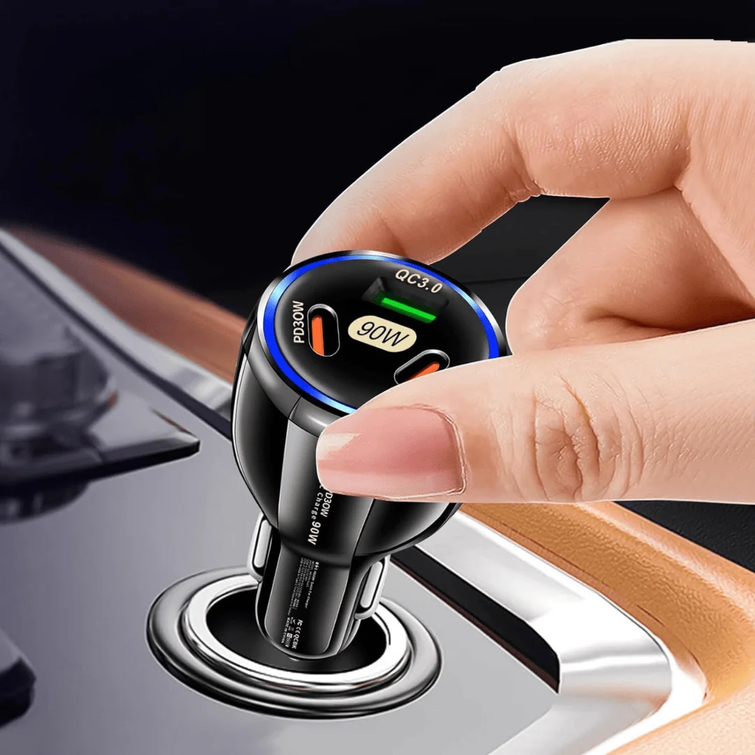 Ładowarka samochodowa trzy porty: 2x USB Typ C + USB 90W, QC, czarna