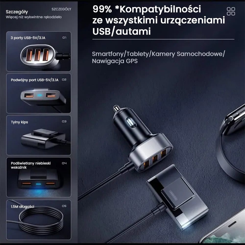 Ładowarka samochodowa z przedłużaczem 5x USB QC 45W