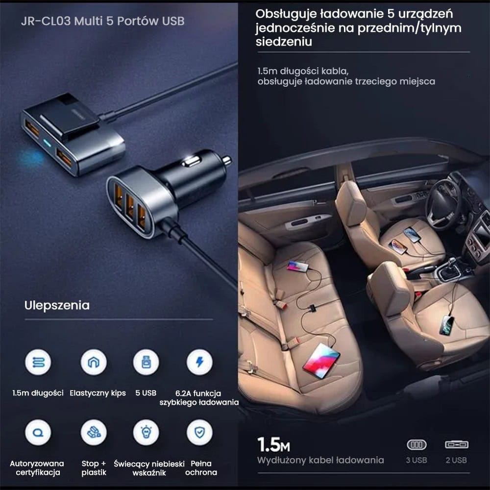 Ładowarka samochodowa z przedłużaczem 5x USB QC 45W