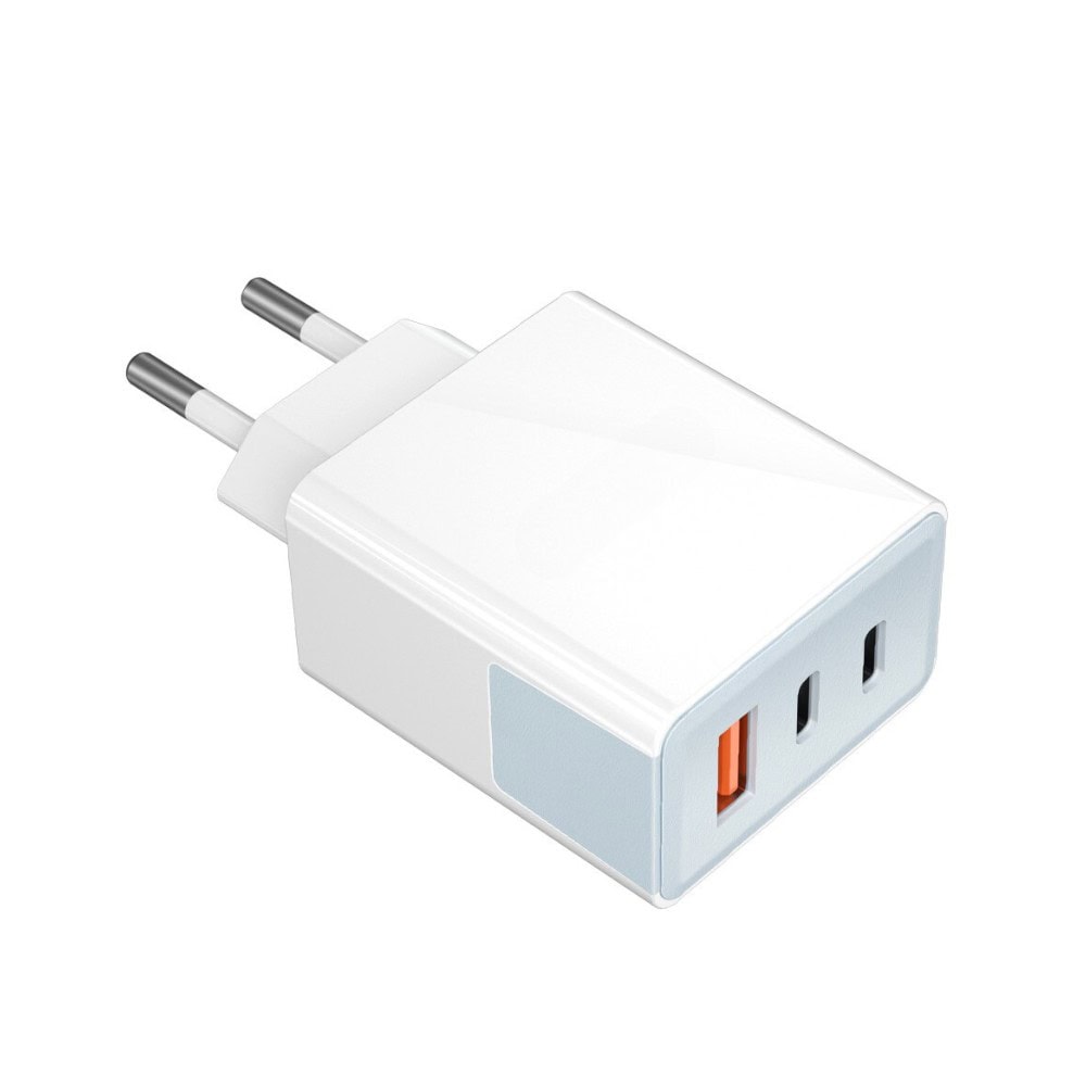 Ładowarka sieciowa 3w1, PD 20W QC 18W, 2x USB Typ C + USB, biała