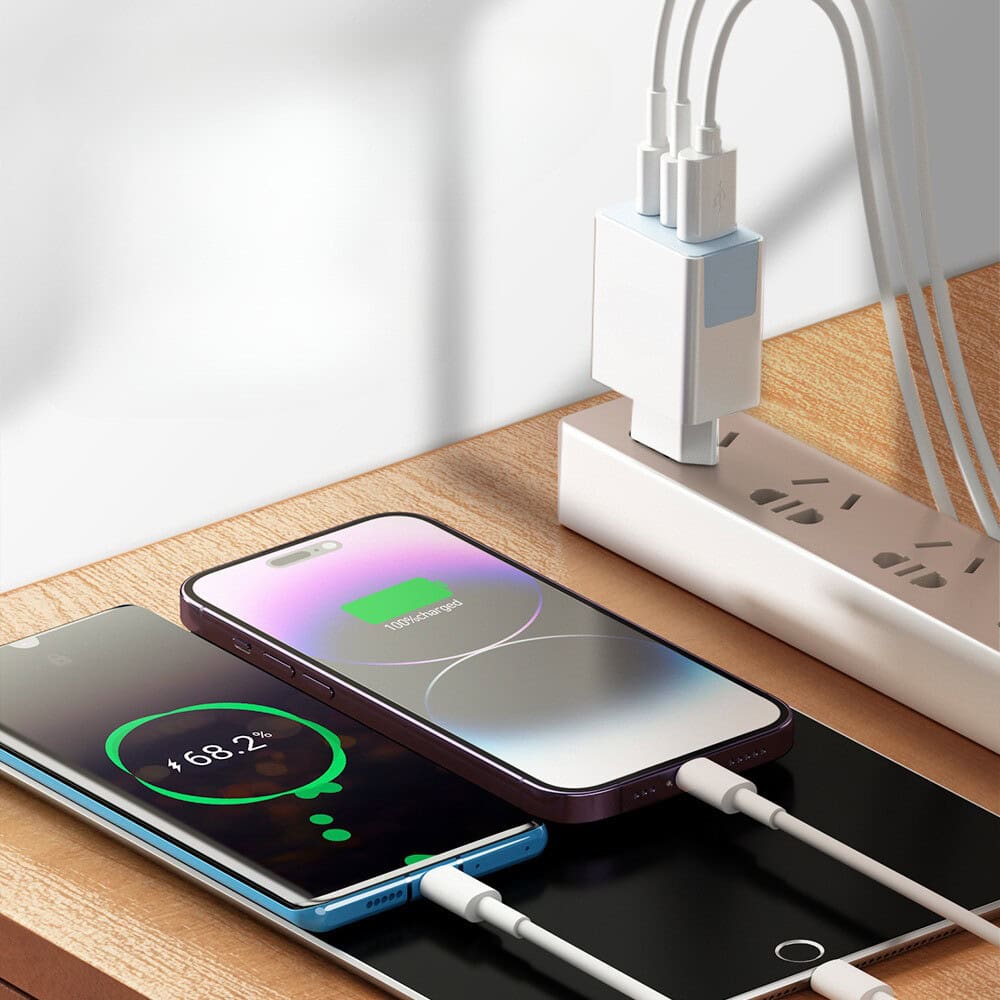 Ładowarka sieciowa 3w1, PD 20W QC 18W, 2x USB Typ C + USB, biała