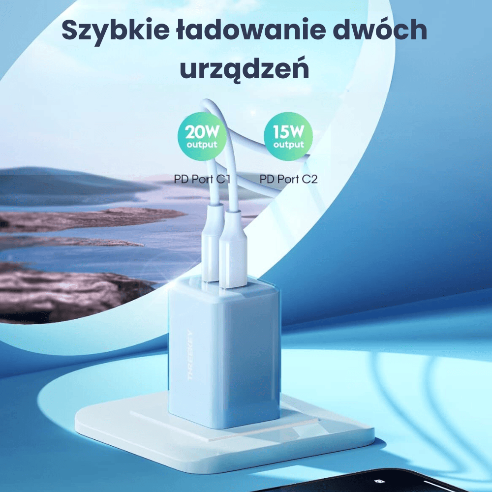 Ładowarka sieciowa na dwa porty USB-C, PD 35W, niebieska