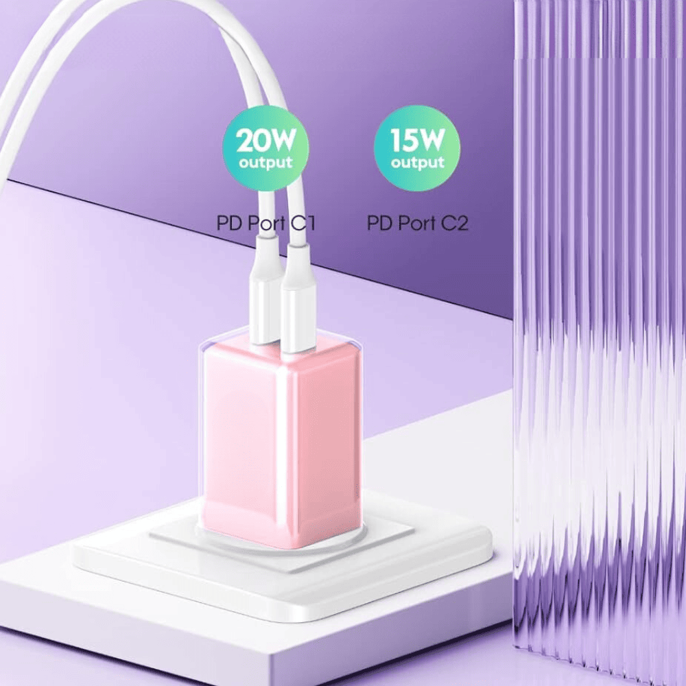 Ładowarka sieciowa na dwa porty USB-C, PD 35W, różowa