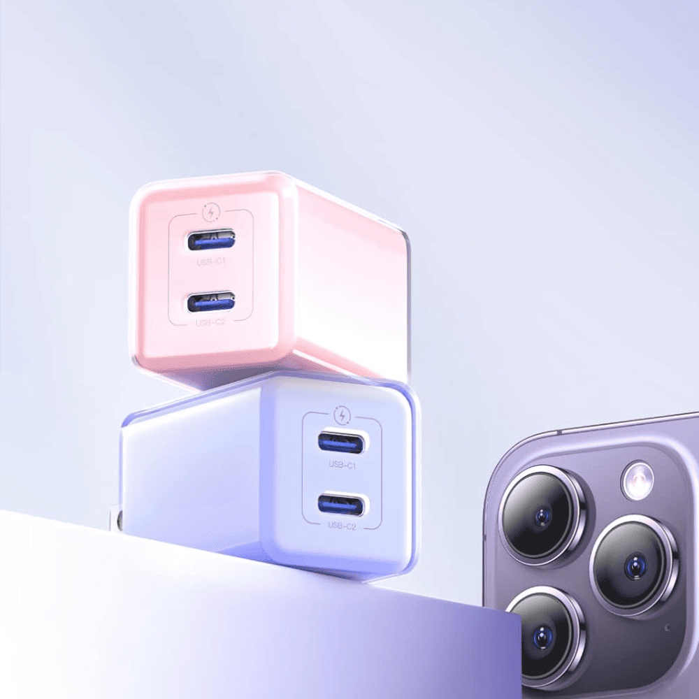 Ładowarka sieciowa na dwa porty USB-C, PD 35W, różowa