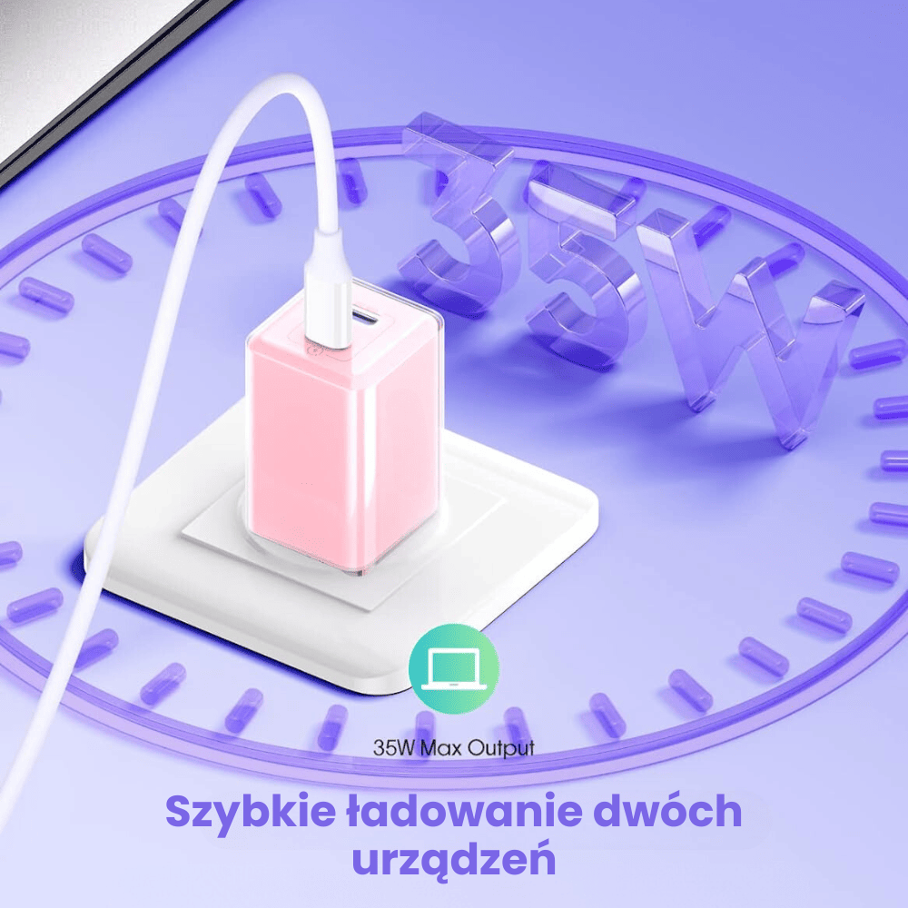 Ładowarka sieciowa na dwa porty USB-C, PD 35W, różowa