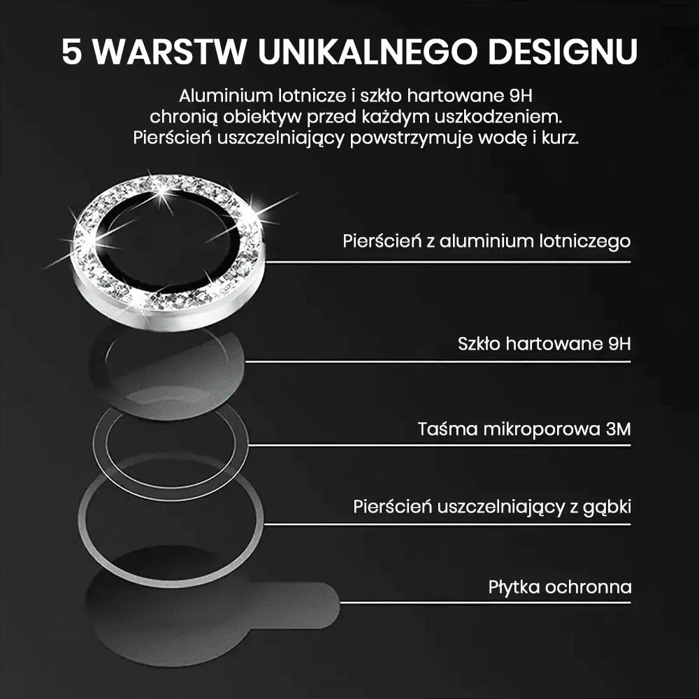 Luksusowa diamentowa osłona obiektywów, matowa, szkło na aparat iPhone 16 Pro, srebrna