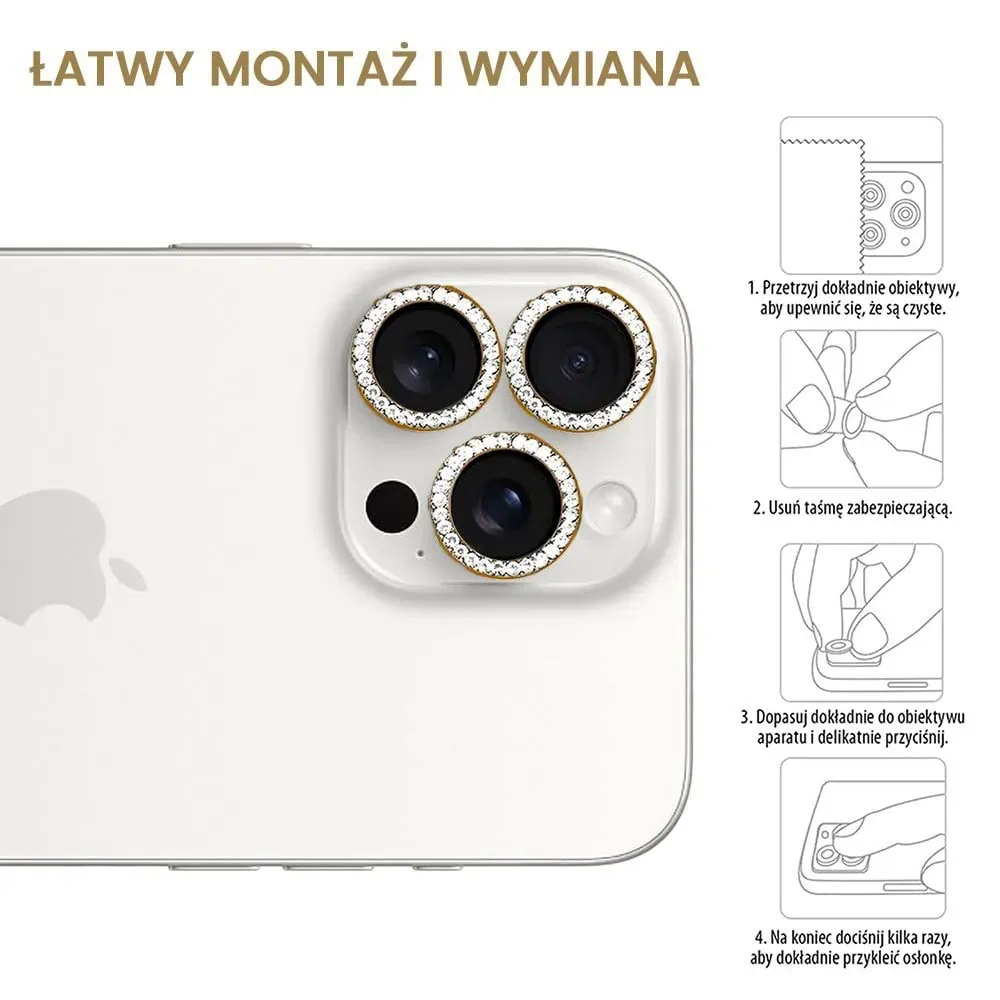 Luksusowa diamentowa osłona obiektywów, matowa, szkło na aparat iPhone 16 Pro Max, złota
