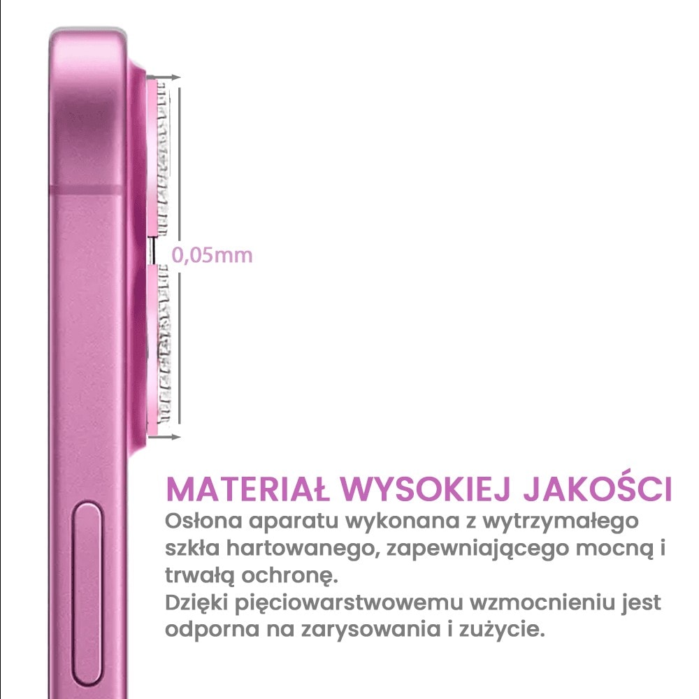 Luksusowa diamentowa osłona obiektywów, matowa, szkło na aparat iPhone 16 Plus, różowa