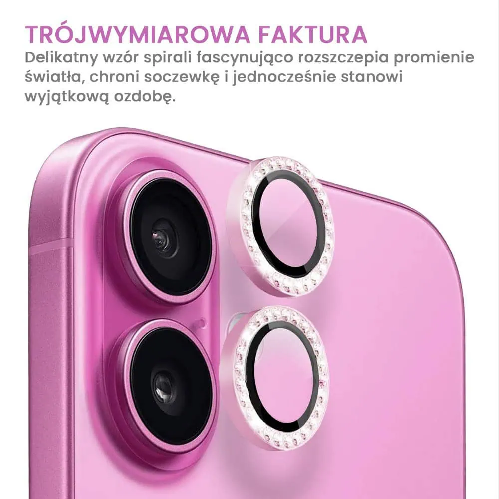 Luksusowa diamentowa osłona obiektywów, matowa, szkło na aparat iPhone 16 Plus, różowa