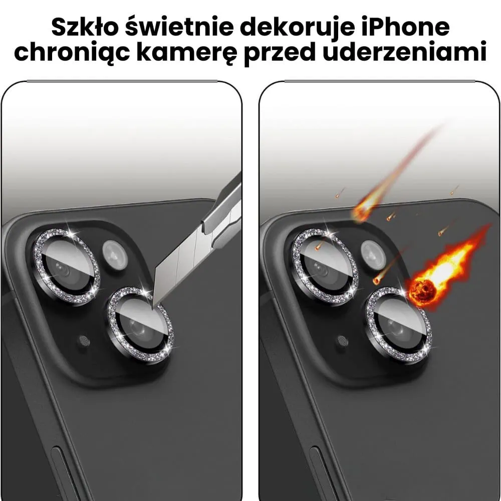 Luksusowa diamentowa osłona obiektywów, szkło na aparat iPhone 15, czarna