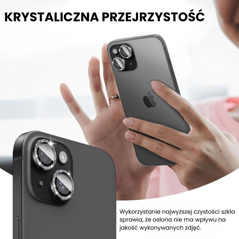 Luksusowa diamentowa osłona obiektywów, szkło na aparat iPhone 15, czarna