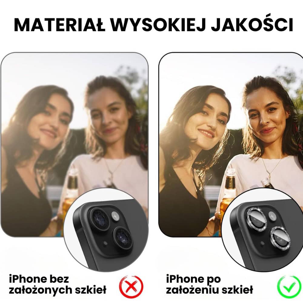 Luksusowa diamentowa osłona obiektywów, szkło na aparat iPhone 15, czarna