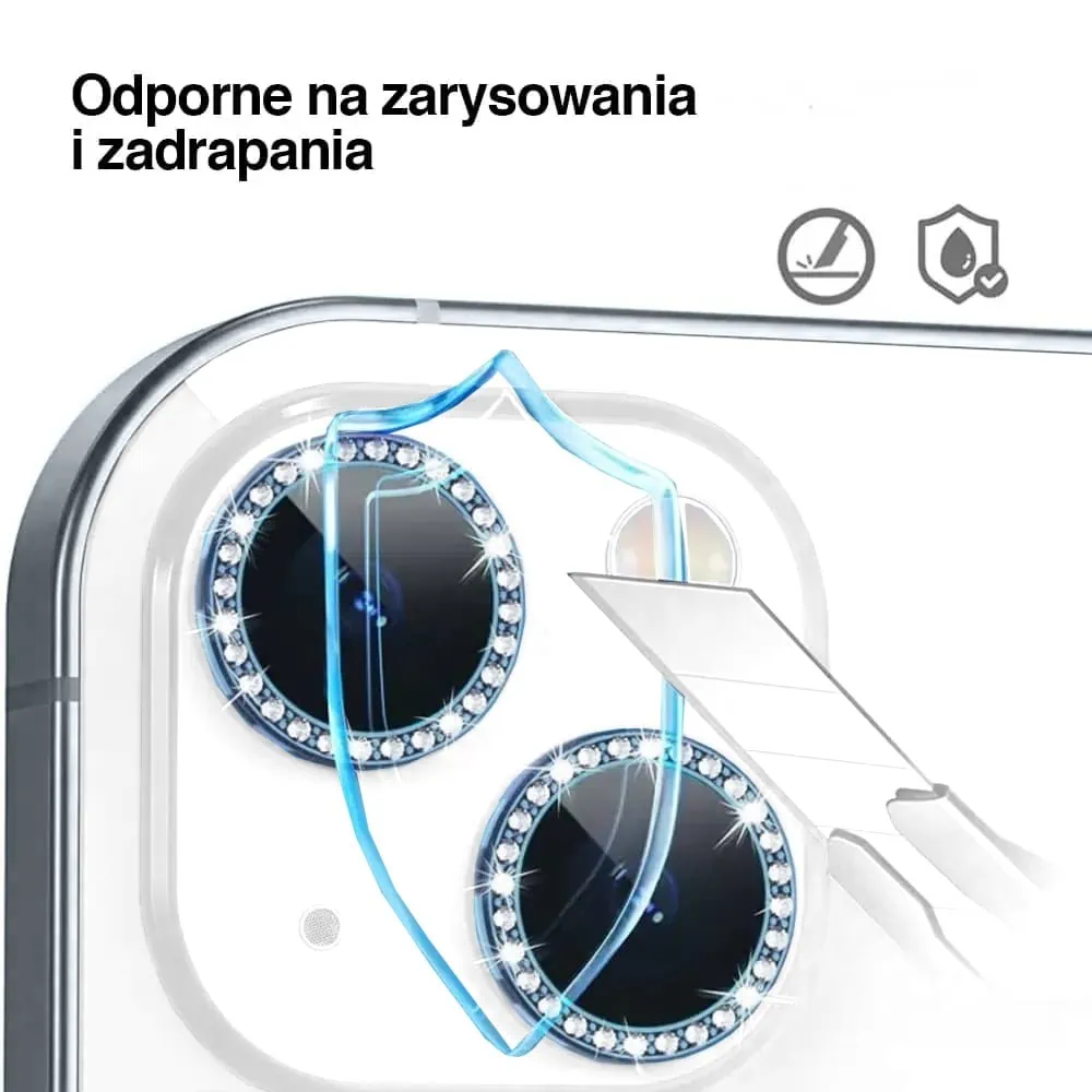 Luksusowa diamentowa osłona obiektywów, szkło na aparat iPhone 15, niebieski