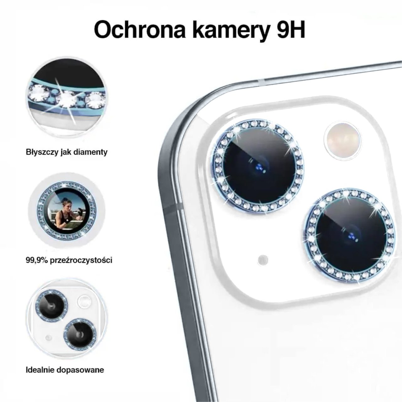 Luksusowa diamentowa osłona obiektywów, szkło na aparat iPhone 15, niebieski