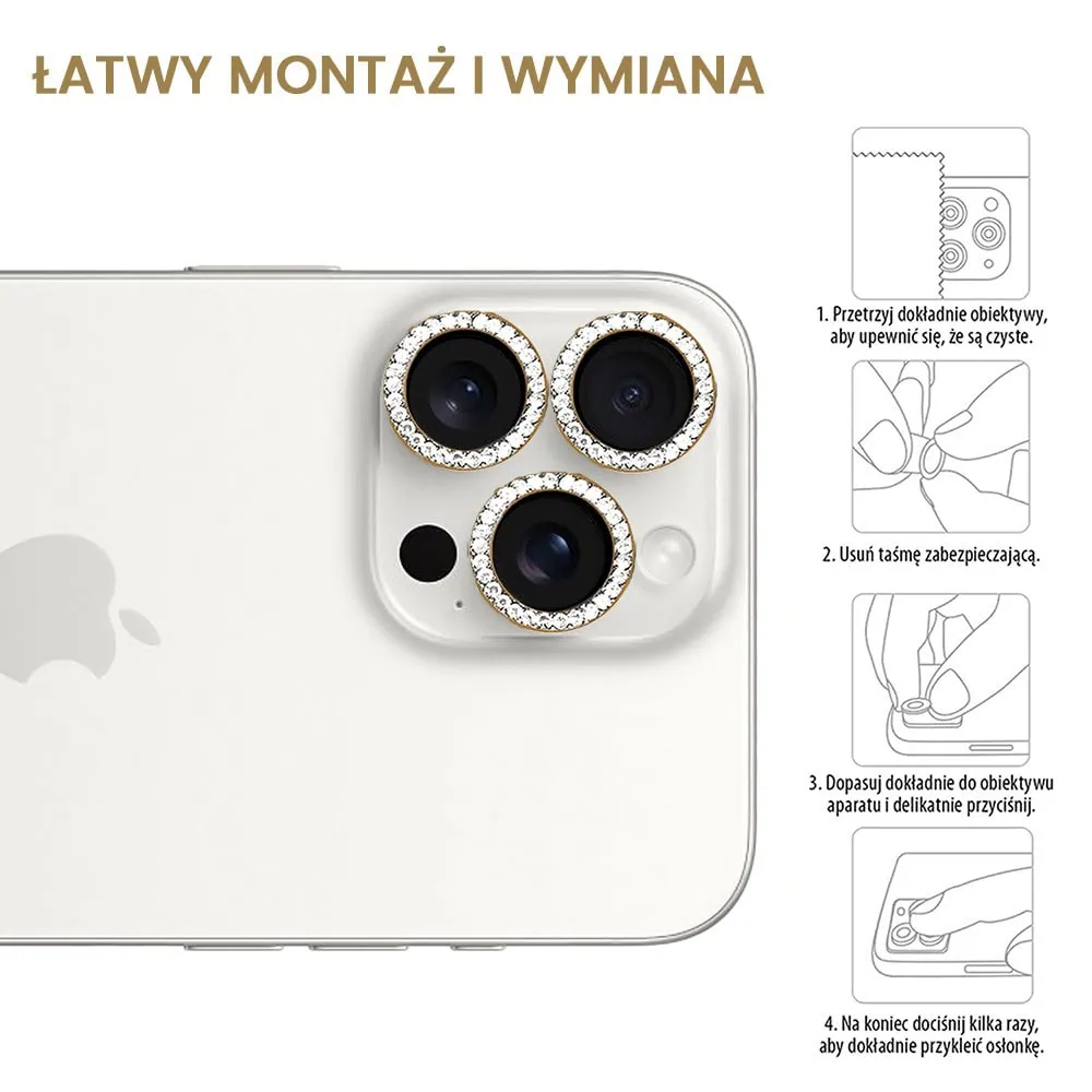 Luksusowa diamentowa osłona obiektywów, szkło na aparat iPhone 16 Pro, złota