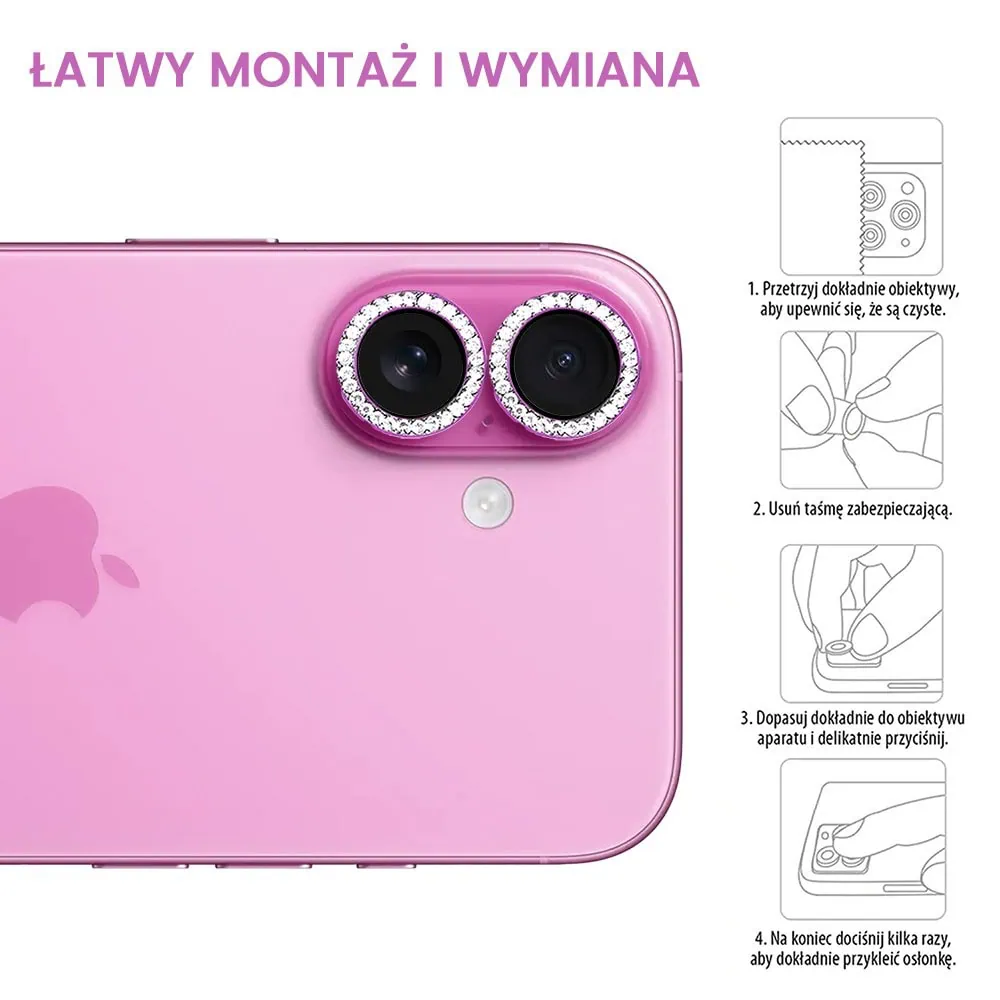 Luksusowa diamentowa osłona obiektywów, szkło na aparat iPhone 16 Plus, różowa